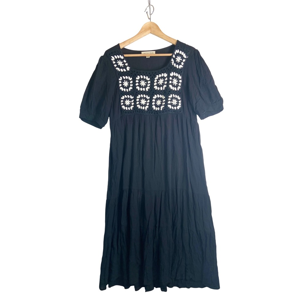 Cactus + Pearl Black Crochet Floral Bib Tiered Midi Dress Short Sleeve Medium
